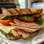['Close-up of a juicy turkey pesto sandwich on sourdough bread.', 'Side view of a turkey pesto sandwich with fresh ingredients and melted cheese.', 'Delicious turkey pesto sandwich showcasing layers of turkey, cheese, and vegetables.', 'Mouth-watering turkey pesto sandwich with basil pesto spread and fresh spinach.']