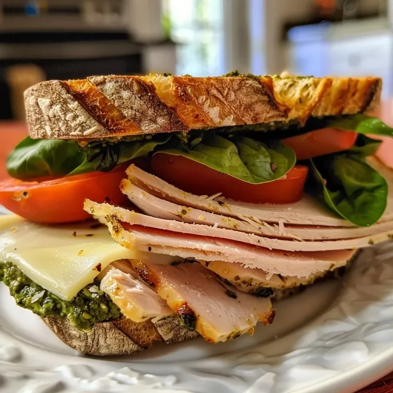 ['Close-up of a juicy turkey pesto sandwich on sourdough bread.', 'Side view of a turkey pesto sandwich with fresh ingredients and melted cheese.', 'Delicious turkey pesto sandwich showcasing layers of turkey, cheese, and vegetables.', 'Mouth-watering turkey pesto sandwich with basil pesto spread and fresh spinach.']