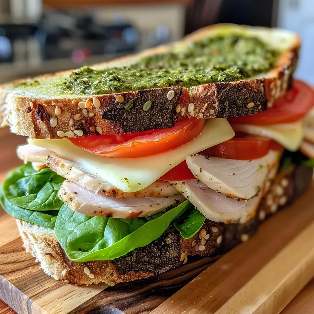 Close-up of a juicy turkey pesto sandwich on sourdough bread.