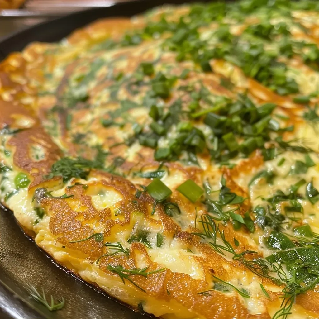 Close-up of a golden-brown Turkish herb omelet pancake with visible green herbs.