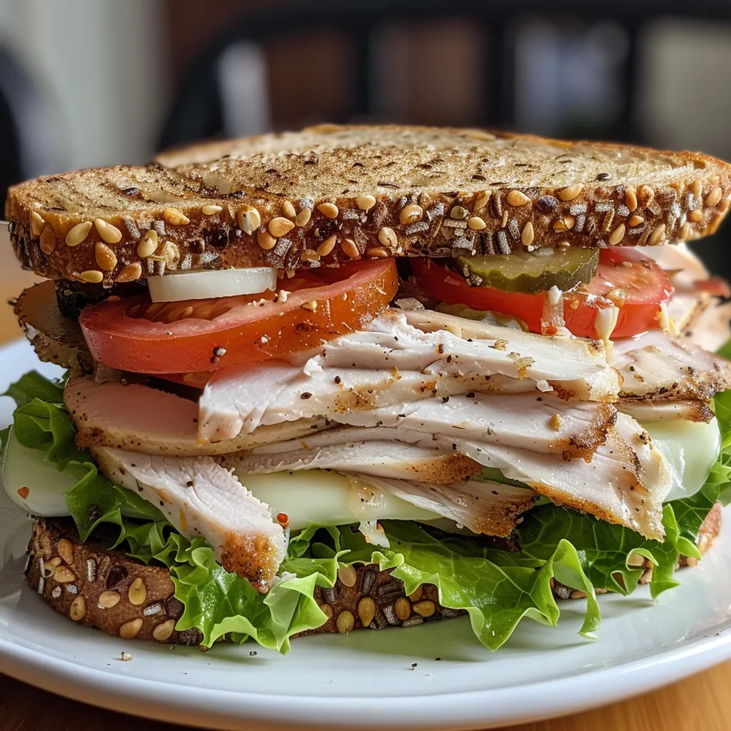 Close-up of a high-protein turkey sandwich with greens.