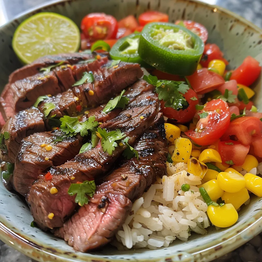 Close-up view of a healthy steak bowl filled with tender steak and fresh ingredients.