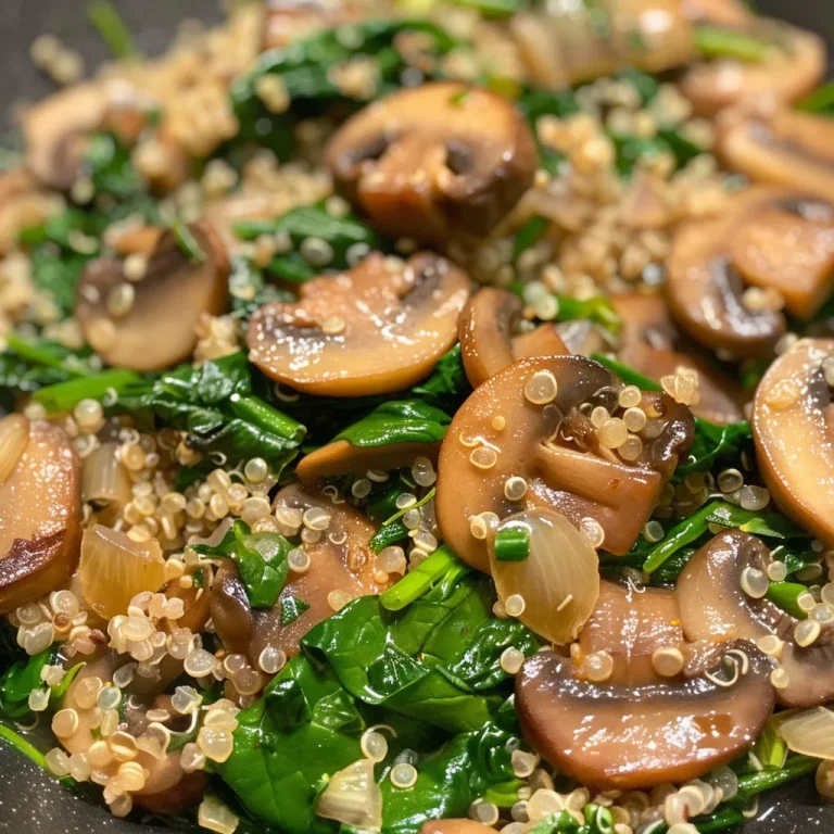 ['Close-up of a colorful quinoa skillet with spinach and mushrooms.', 'Freshly cooked quinoa with sautéed spinach and mushrooms in a skillet.', 'Vibrant dish of quinoa mixed with vegetables, showing greens and mushrooms.', 'Side view of a hearty quinoa dish featuring spinach and mushrooms.']
