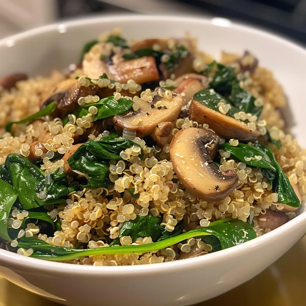 Close-up of a colorful quinoa skillet with spinach and mushrooms.