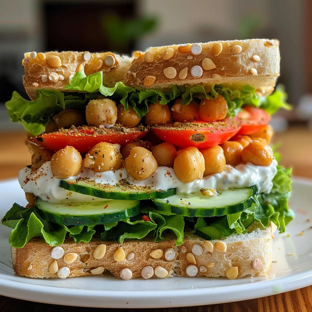 Close-up view of a chickpea cucumber sandwich with fresh ingredients.