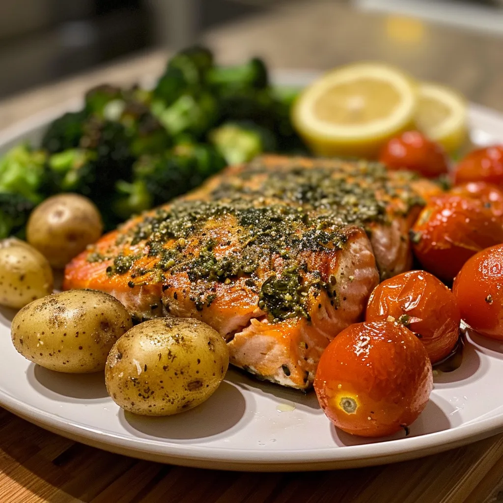 ["Close-up view of juicy Za'atar Garlic Salmon alongside colorful baby potatoes and grape tomatoes.", "Side profile of a vibrant plate featuring Za'atar Garlic Salmon with broccoli and halved grape tomatoes.", "Delicious Za'atar Garlic Salmon fillet garnished with fresh herbs, served with baby potatoes and broccoli.", "Close-up shot of a savory Za'atar Garlic Salmon dish with a medley of vegetables and a lemon wedge."]