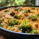 ['Close-up view of a cooked chickpea broccoli rice casserole in a baking dish.', 'Side perspective of a one pan chickpea broccoli rice casserole, showcasing its cheesy top and ingredients.', 'Juicy One Pan Chickpea Broccoli Rice Casserole with visible broccoli florets and chickpeas.', 'Hearty chickpea and broccoli rice casserole in a dish, focusing on the melted cheese and rich texture.']