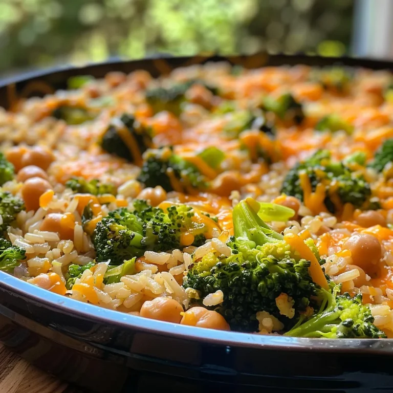 ['Close-up view of a cooked chickpea broccoli rice casserole in a baking dish.', 'Side perspective of a one pan chickpea broccoli rice casserole, showcasing its cheesy top and ingredients.', 'Juicy One Pan Chickpea Broccoli Rice Casserole with visible broccoli florets and chickpeas.', 'Hearty chickpea and broccoli rice casserole in a dish, focusing on the melted cheese and rich texture.']