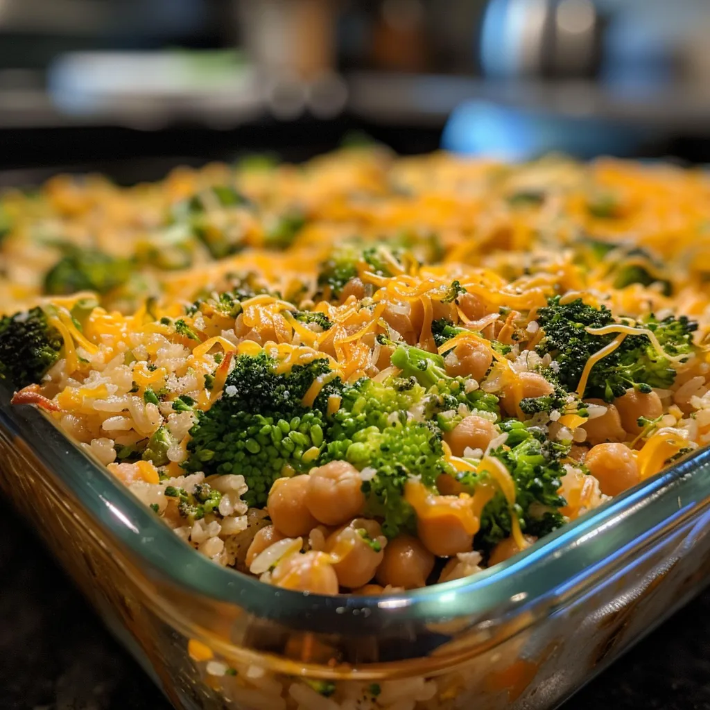 Close-up view of a cooked chickpea broccoli rice casserole in a baking dish.