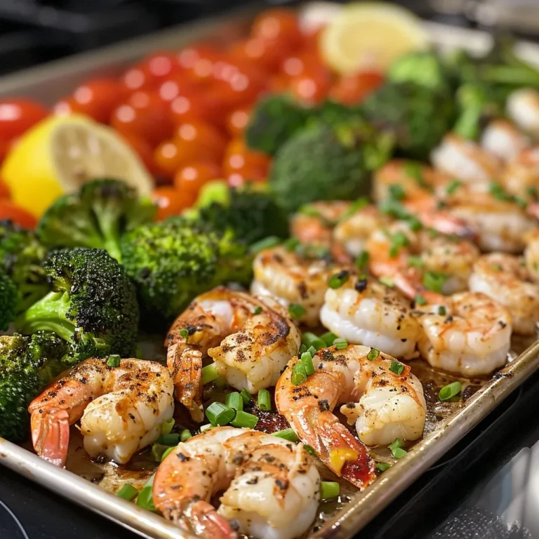 ['Close-up of a sheet pan filled with spicy garlic shrimp and vibrant vegetables.', 'Juicy shrimp and colorful broccoli and tomatoes arranged on a sheet pan.', 'A side view of delicious shrimp with garlic and vegetables on a baking tray.', 'Freshly cooked spicy shrimp and vegetables presented on a sheet pan.']