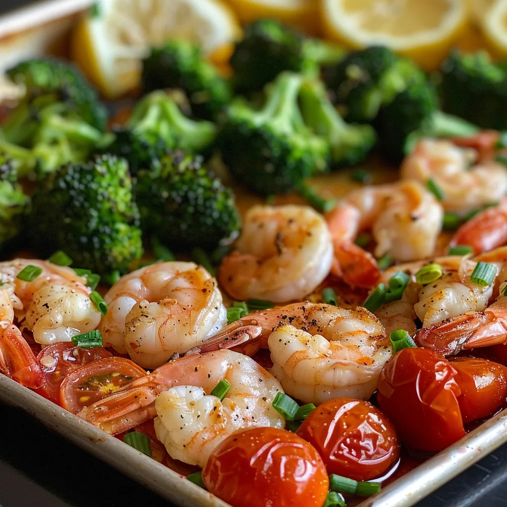 Close-up of a sheet pan filled with spicy garlic shrimp and vibrant vegetables.