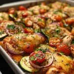 ['Close-up view of a Mediterranean Chicken Bake with colorful vegetables and melted cheese.', 'Side view of a baked chicken dish featuring zucchini, tomatoes, and herbs, topped with cheese.', 'Juicy Mediterranean Chicken Bake showcasing boneless chicken, cherry tomatoes, and parsley.', 'Close-up shot of a chicken bake filled with vibrant zucchini, red onion, and cheeses.']