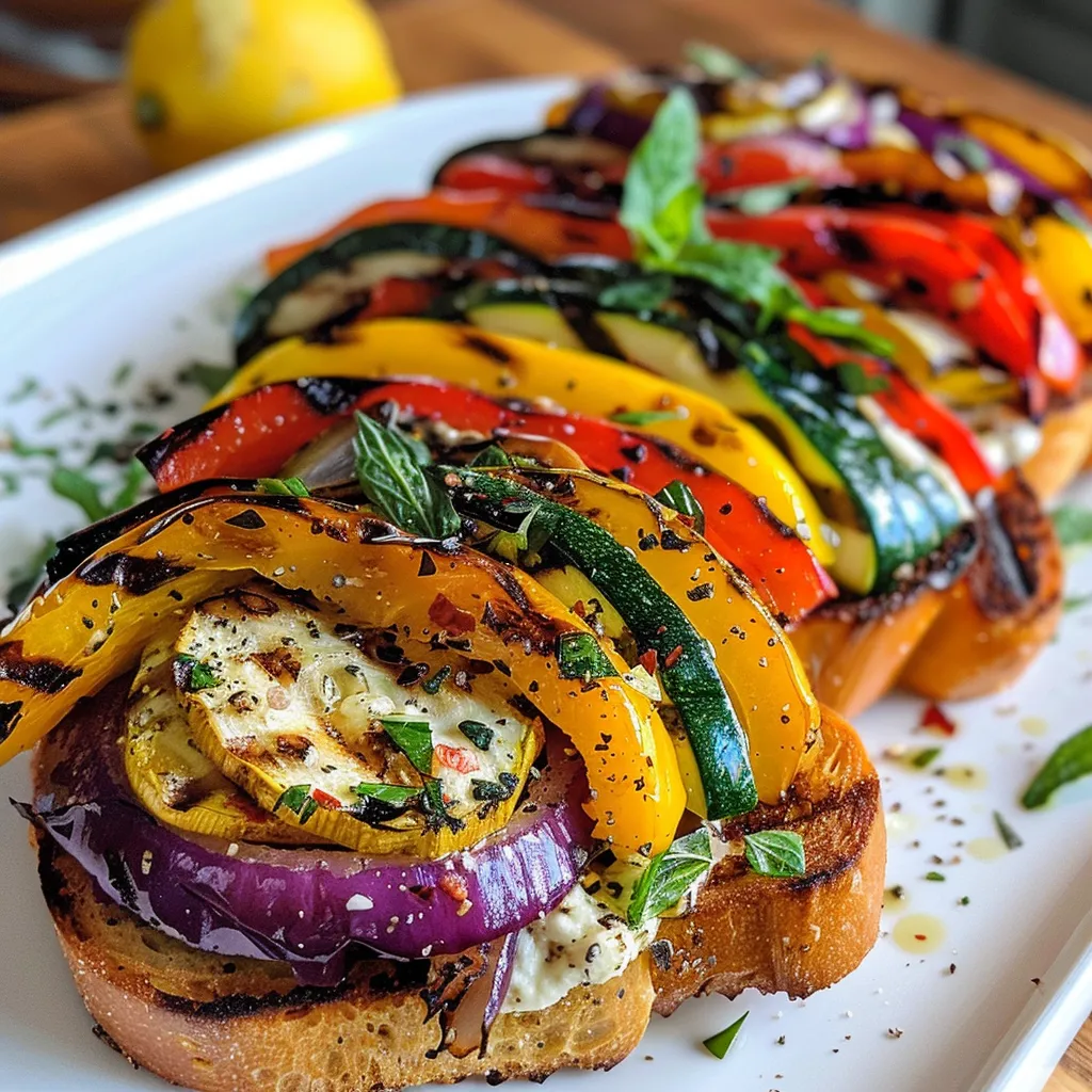 ['Close-up shot of grilled vegetable toast featuring zucchini, bell peppers, and red onion.', 'Side view of a plated grilled vegetable toast topped with goat cheese and mint leaves.', 'Juicy grilled vegetable toast with colorful toppings, including yellow and red vegetables.', 'A vibrant serving of grilled vegetable toast showcasing fresh ingredients and creamy cheeses.']