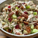 ['Close-up view of a colorful leftover turkey salad in a bowl with visible turkey, cranberries, and nuts.', 'Side perspective of a fresh turkey salad featuring diced turkey, celery, and cranberries, showcasing vibrant ingredients.', 'Bowl of leftover turkey salad with chunks of turkey, pecans, and a creamy dressing, captured in detail.', 'Detailed shot of a turkey salad highlighting various textures and ingredients including celery and dried cranberries.']