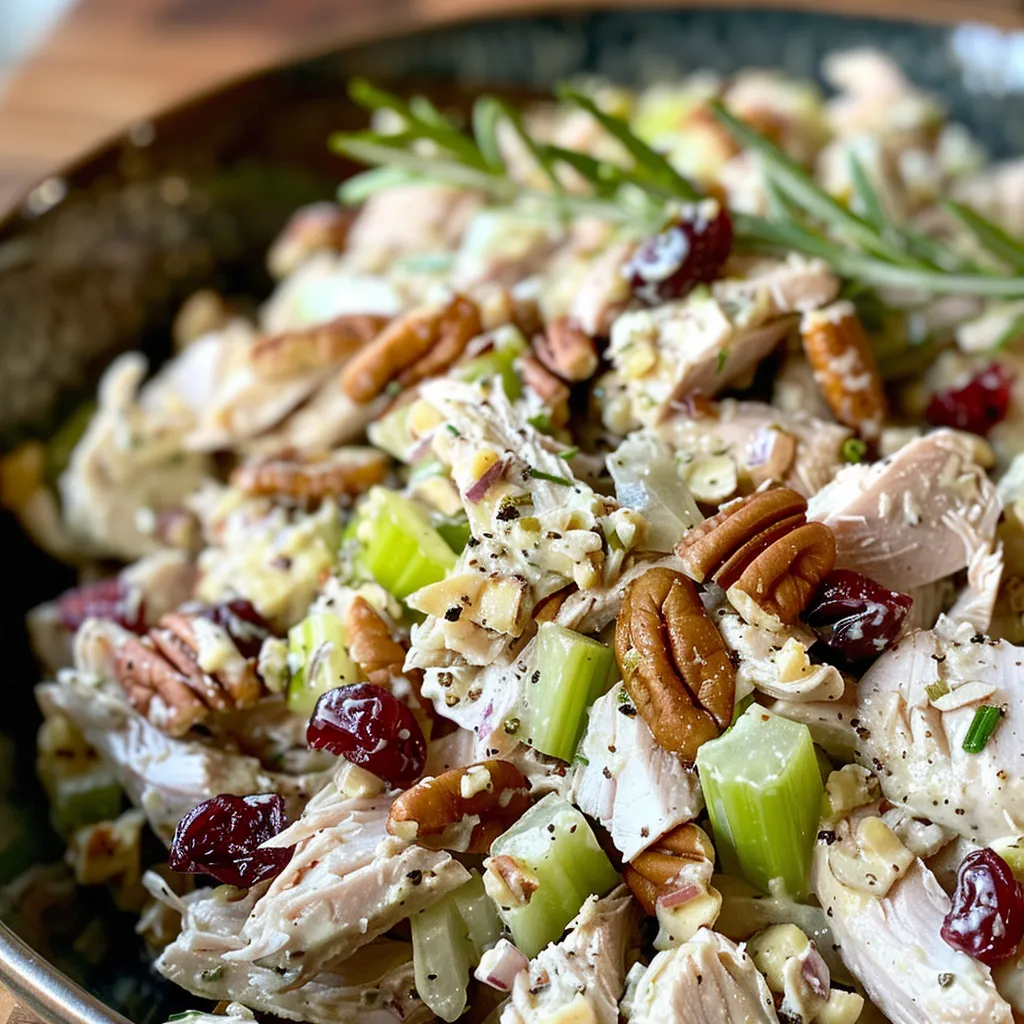 Close-up view of a colorful leftover turkey salad in a bowl with visible turkey, cranberries, and nuts.