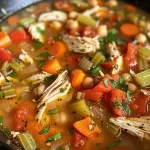['Close-up view of Mediterranean Chicken Soup with vibrant vegetables and herbs.', 'Side view of a bowl of Mediterranean Chicken Soup garnished with parsley.', 'Juicy chunks of chicken in a hearty soup filled with carrots, celery, and tomatoes.', 'A colorful presentation of Mediterranean Chicken Soup in a rustic bowl.']