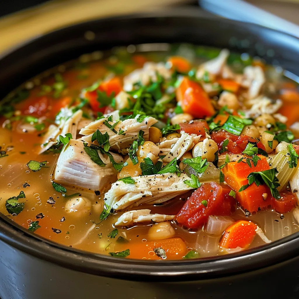 Close-up view of Mediterranean Chicken Soup with vibrant vegetables and herbs.