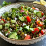 ['A close-up view of a colorful Mediterranean lentil salad featuring green lentils, diced cucumber, bell peppers, and herbs.', 'A vibrant Mediterranean lentil salad arranged in a bowl, highlighting fresh ingredients like parsley, mint, and lemon juice.', 'A side view of a delicious Mediterranean lentil salad with green onions, garlic, and colorful vegetables on a stylish plate.', 'A detailed close-up of a refreshing lentil salad showcasing its juicy ingredients, including lentils, vegetables, and herbs.']