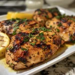 ['Close-up view of marinated chicken breasts in a bowl.', 'Side view of juicy Mediterranean chicken marinade with fresh herbs.', 'Ingredients for Mediterranean chicken marinade displayed together.', 'Golden-brown grilled chicken marinated in Mediterranean flavors.']