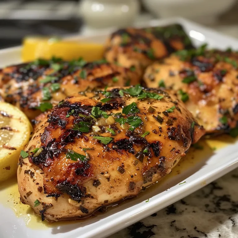 ['Close-up view of marinated chicken breasts in a bowl.', 'Side view of juicy Mediterranean chicken marinade with fresh herbs.', 'Ingredients for Mediterranean chicken marinade displayed together.', 'Golden-brown grilled chicken marinated in Mediterranean flavors.']