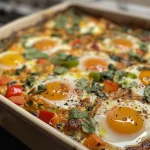 ['Close-up of baked eggs with colorful diced vegetables on a plate.', 'Side view of high protein baked eggs with bell peppers and spinach.', 'Juicy baked egg dish with vibrant vegetables, served on a white plate.', 'Freshly baked eggs surrounded by diced onions and peppers in a skillet.']
