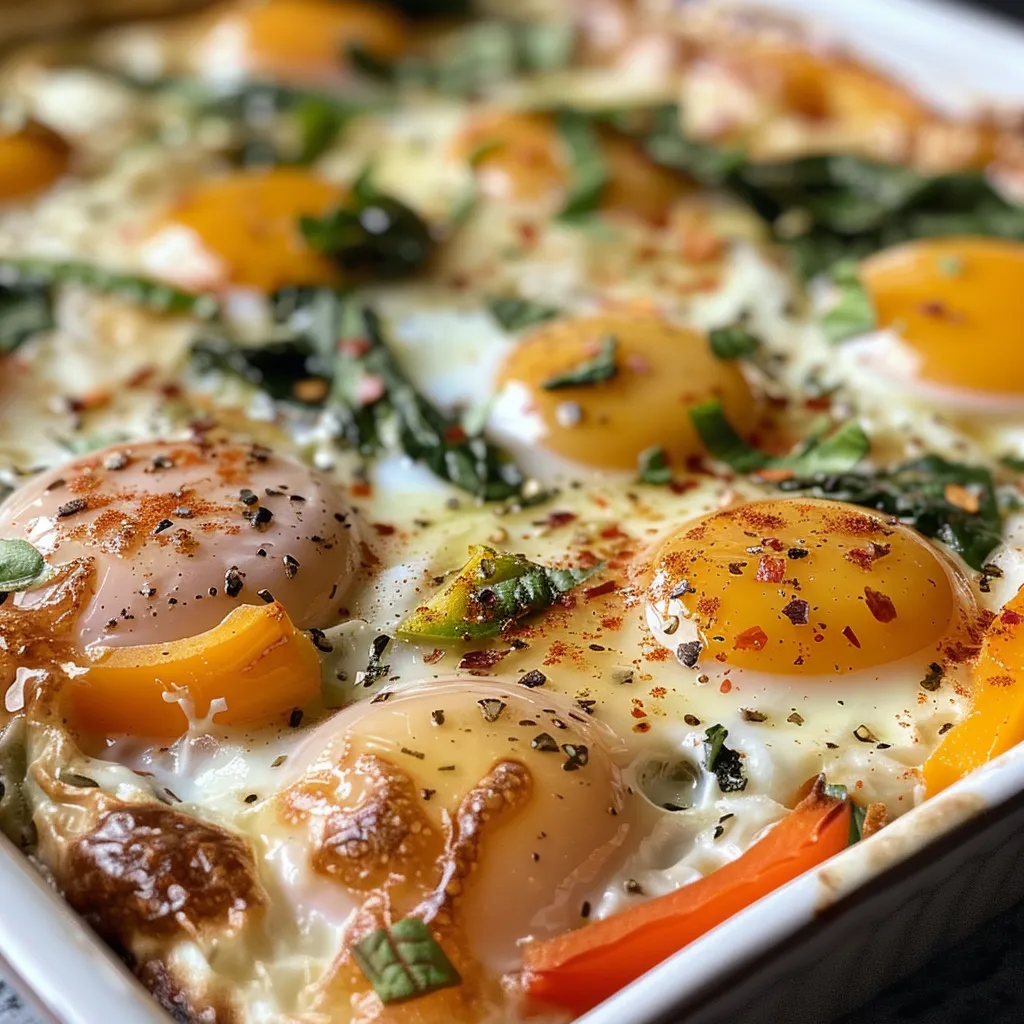 Close-up of baked eggs with colorful diced vegetables on a plate.