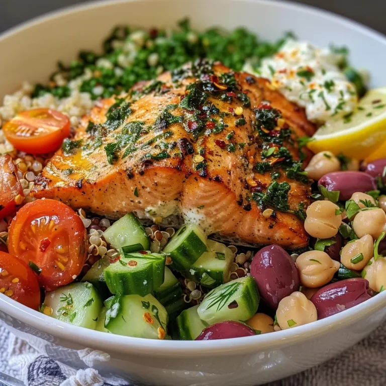 ['A close-up view of a colorful Mediterranean salmon bowl with vibrant ingredients.', 'A side view of a juicy Mediterranean salmon bowl filled with quinoa and fresh vegetables.', 'A delicious salmon bowl featuring marinated salmon, diced cucumbers, and cherry tomatoes.', 'A beautifully arranged Mediterranean salmon dish showcasing a variety of fresh toppings.']
