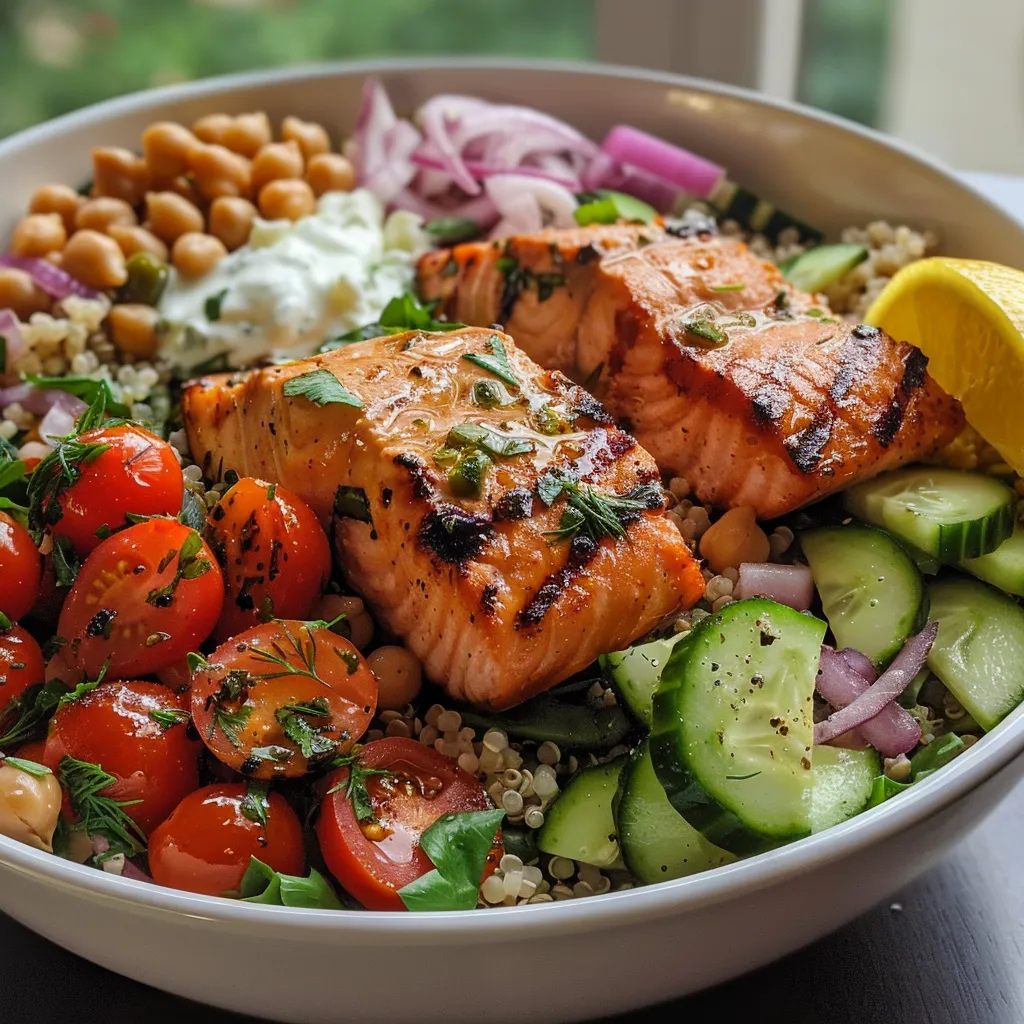 ['A close-up view of a colorful Mediterranean salmon bowl with vibrant ingredients.', 'A side view of a juicy Mediterranean salmon bowl filled with quinoa and fresh vegetables.', 'A delicious salmon bowl featuring marinated salmon, diced cucumbers, and cherry tomatoes.', 'A beautifully arranged Mediterranean salmon dish showcasing a variety of fresh toppings.']