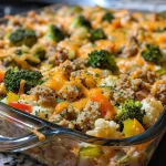 ['Close-up side view of a low-carb turkey casserole with melted cheese on top.', 'Juicy turkey casserole featuring cauliflower, bell peppers, and a creamy sauce, captured in detail.', 'Delicious turkey casserole with colorful vegetables and cheese, showcasing its rich texture.', 'A hearty low-carb turkey casserole with vibrant ingredients visible from the side.']