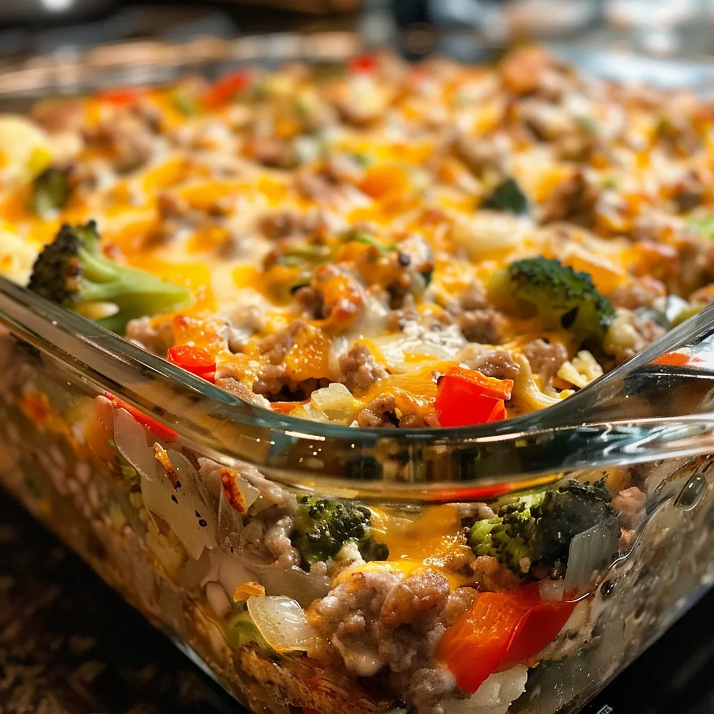 Close-up side view of a low-carb turkey casserole with melted cheese on top.