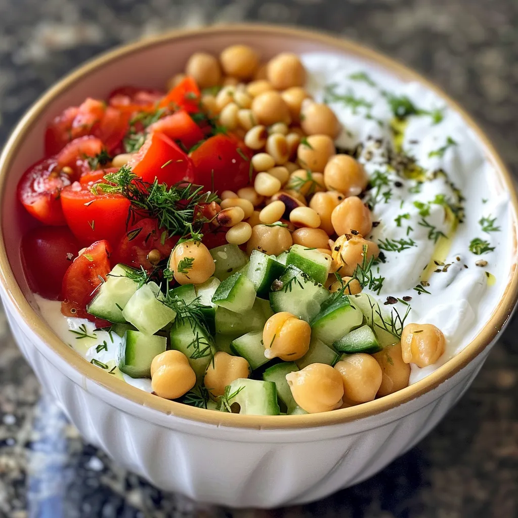 Close-up side view of a Mediterranean Chickpea Yogurt Snack Cup showcasing vibrant ingredients.