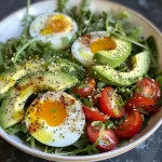 ['Close-up view of a vibrant breakfast salad featuring mixed greens, sliced avocado, and eggs.', 'A fresh breakfast salad with colorful ingredients including cherry tomatoes and cucumber, topped with pumpkin seeds.', 'Side view of a healthy breakfast salad showcasing arugula, spinach, and organic eggs with a drizzle of olive oil.', 'Juicy breakfast salad with a variety of greens, avocado slices, and garnished with fresh herbs.']