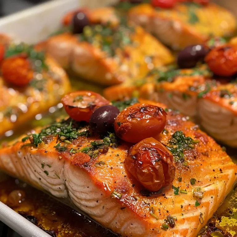 ['Close-up view of baked salmon fillet with cherry tomatoes and olives.', 'Juicy Mediterranean baked salmon garnished with parsley and lemon.', 'Side view of healthy salmon plated with colorful vegetables.', 'Freshly baked salmon fillet drizzled with olive oil and lemon juice.']