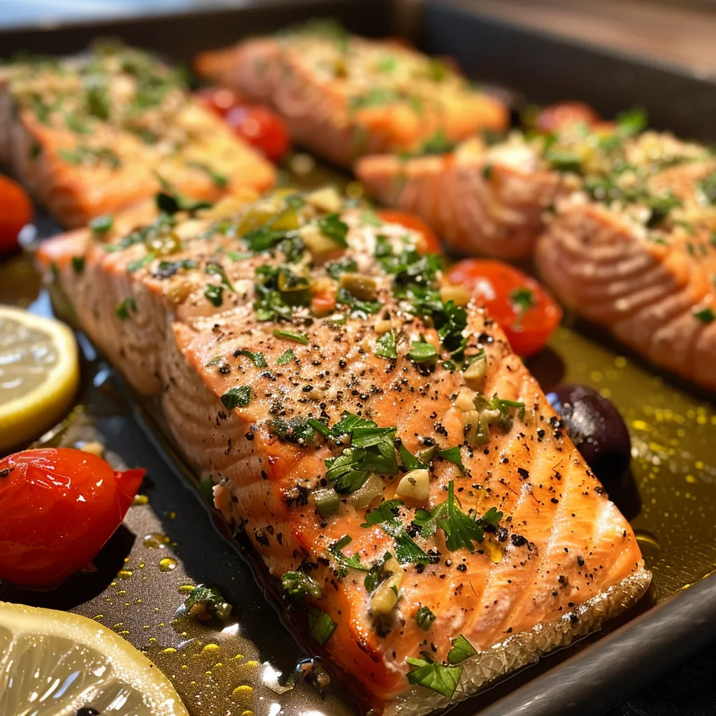 Close-up view of baked salmon fillet with cherry tomatoes and olives.