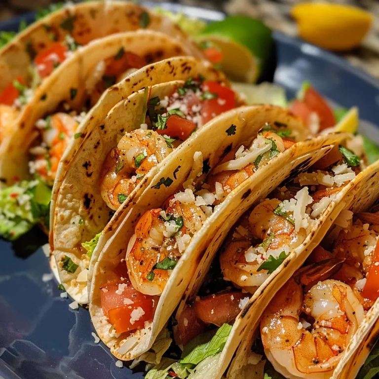 ['Close-up view of Mediterranean shrimp tacos garnished with fresh ingredients.', 'Juicy shrimp tacos with tzatziki sauce, served on warm tortillas.', 'A delicious arrangement of shrimp tacos, lettuce, and tomatoes with lemon wedges.', 'Side view of Mediterranean shrimp tacos topped with tzatziki and fresh vegetables.']