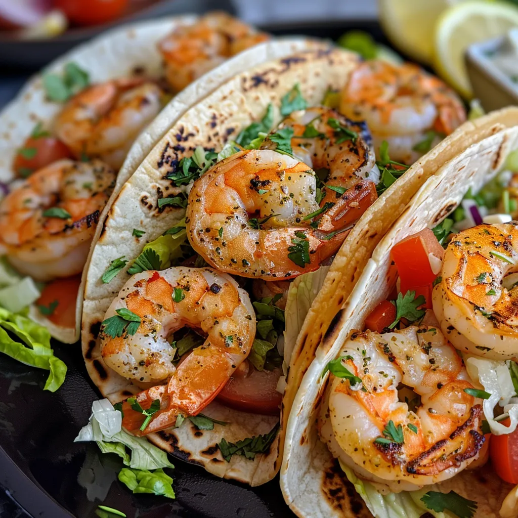 Close-up view of Mediterranean shrimp tacos garnished with fresh ingredients.