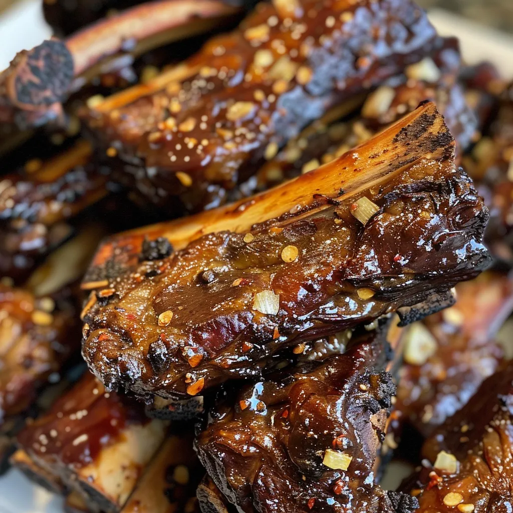 ['Juicy five spice BBQ beef ribs glistening with sauce.', 'Side view of tender beef short ribs coated in a savory glaze.', 'Close-up of five spice BBQ ribs with a caramelized exterior.', 'Delicious beef ribs with a rich, dark BBQ sauce.']