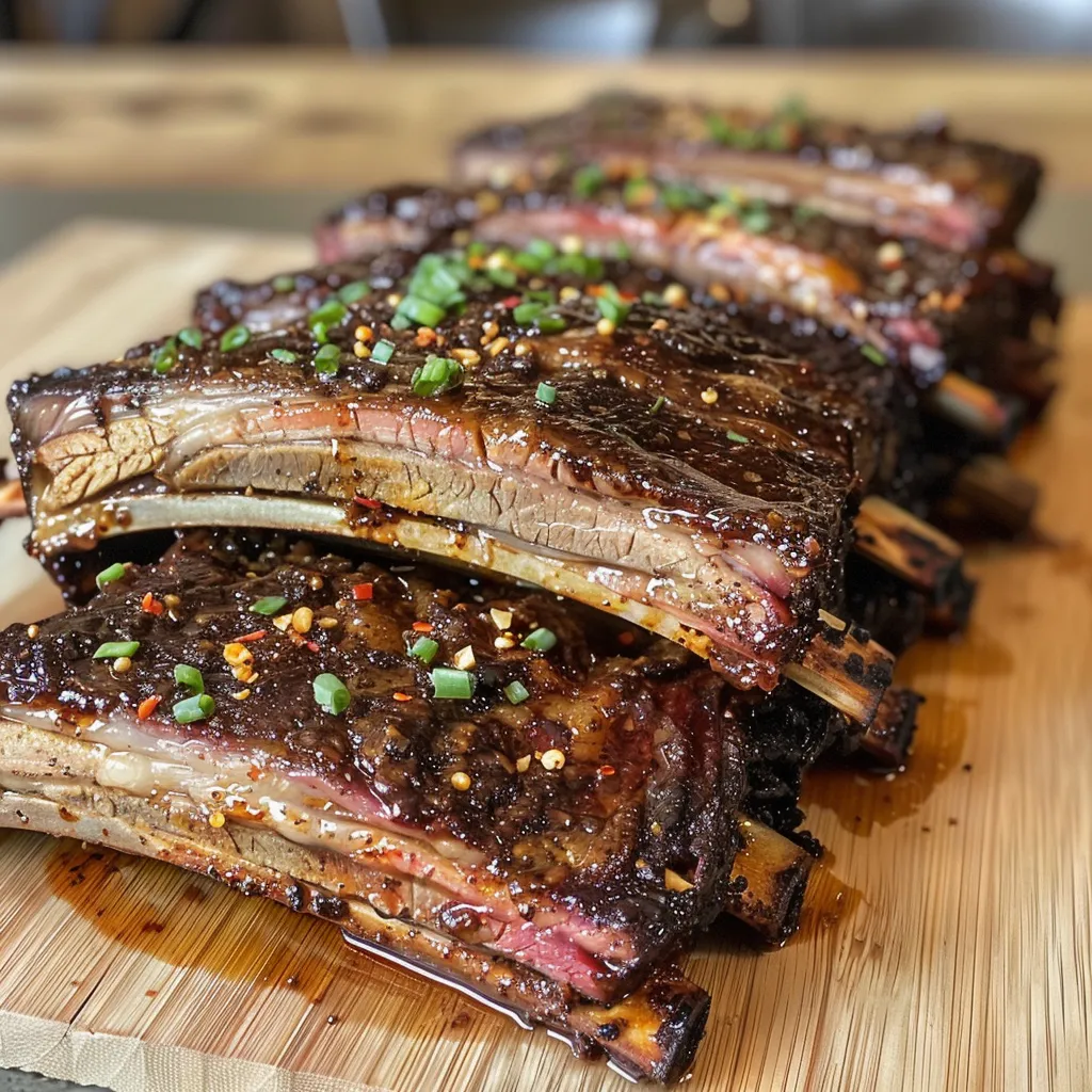 ['Juicy five spice BBQ beef ribs glistening with sauce.', 'Side view of tender beef short ribs coated in a savory glaze.', 'Close-up of five spice BBQ ribs with a caramelized exterior.', 'Delicious beef ribs with a rich, dark BBQ sauce.']