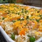 ['Close-up of a creamy Salmon Rice Casserole with peas and carrots.', 'Side view of a baked Salmon Rice Casserole topped with melted cheddar cheese.', 'Delicious Salmon Rice Casserole dish garnished with fresh parsley.', 'Juicy Salmon Rice Casserole in a baking dish, showcasing its creamy texture.']