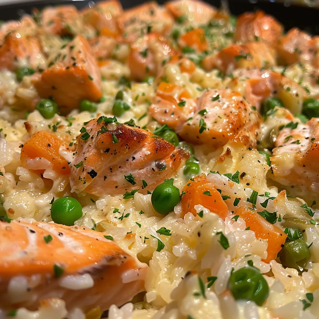 ['Close-up of a creamy Salmon Rice Casserole with peas and carrots.', 'Side view of a baked Salmon Rice Casserole topped with melted cheddar cheese.', 'Delicious Salmon Rice Casserole dish garnished with fresh parsley.', 'Juicy Salmon Rice Casserole in a baking dish, showcasing its creamy texture.']