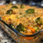 ['Close-up view of a cheesy quinoa casserole with broccoli and cannellini beans, showcasing layers of ingredients.', 'Side view of a delicious cheesy quinoa casserole, highlighting the creamy texture and vibrant broccoli florets.', 'Close-up of cheesy quinoa casserole, featuring broccoli, carrots, and melted cheese on top in a baking dish.', 'Detailed side shot of a hearty quinoa casserole, emphasizing the cheesy topping and colorful vegetables.']