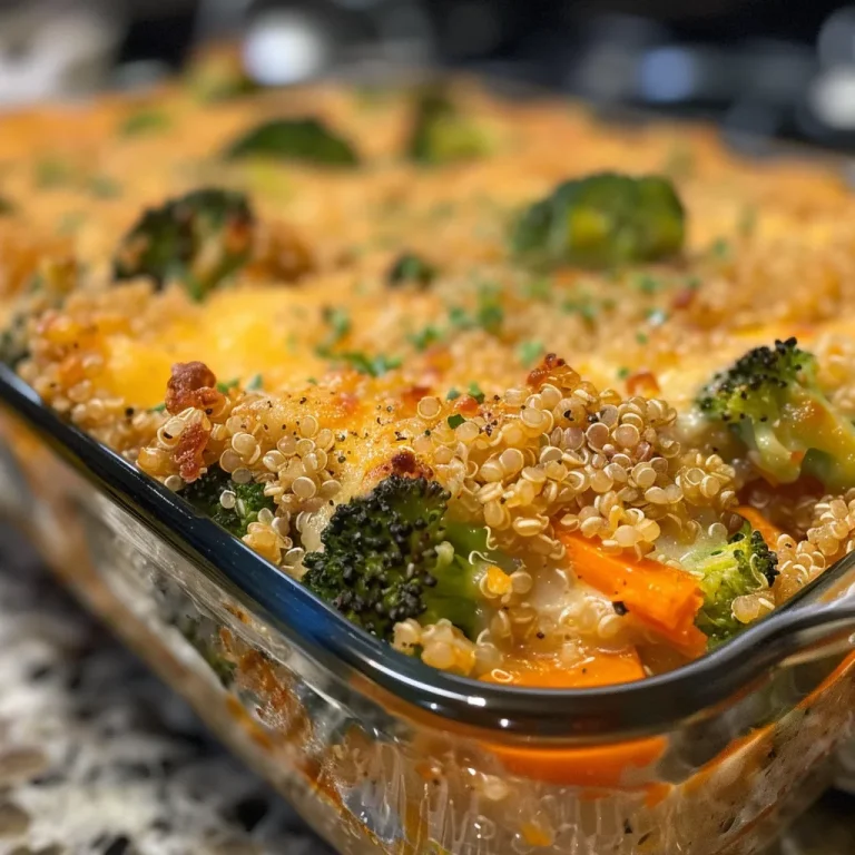 ['Close-up view of a cheesy quinoa casserole with broccoli and cannellini beans, showcasing layers of ingredients.', 'Side view of a delicious cheesy quinoa casserole, highlighting the creamy texture and vibrant broccoli florets.', 'Close-up of cheesy quinoa casserole, featuring broccoli, carrots, and melted cheese on top in a baking dish.', 'Detailed side shot of a hearty quinoa casserole, emphasizing the cheesy topping and colorful vegetables.']