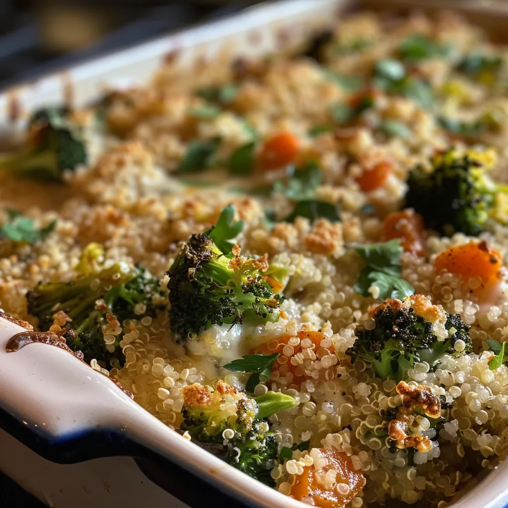 ['Close-up view of a cheesy quinoa casserole with broccoli and cannellini beans, showcasing layers of ingredients.', 'Side view of a delicious cheesy quinoa casserole, highlighting the creamy texture and vibrant broccoli florets.', 'Close-up of cheesy quinoa casserole, featuring broccoli, carrots, and melted cheese on top in a baking dish.', 'Detailed side shot of a hearty quinoa casserole, emphasizing the cheesy topping and colorful vegetables.']