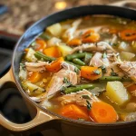 ['Close-up of a bowl filled with hearty turkey soup, showcasing tender meat and colorful vegetables.', 'Side view of a steaming bowl of turkey soup, featuring green beans and sweet potatoes.', 'Detailed shot of nourishing turkey soup with shredded meat, carrots, and celery pieces.', 'Delicious turkey soup in a bowl, highlighting its rich broth and fresh herbs.']