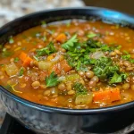 ['Close-up view of Mediterranean Lentil Soup in a bowl, featuring vibrant colors and texture.', 'A side view of hearty Mediterranean Lentil Soup with visible vegetables and lentils.', 'Bowl of Mediterranean Lentil Soup filled with colorful diced vegetables and herbs.', 'Rich Mediterranean Lentil Soup showcasing lentils and fresh greens against a wooden background.']