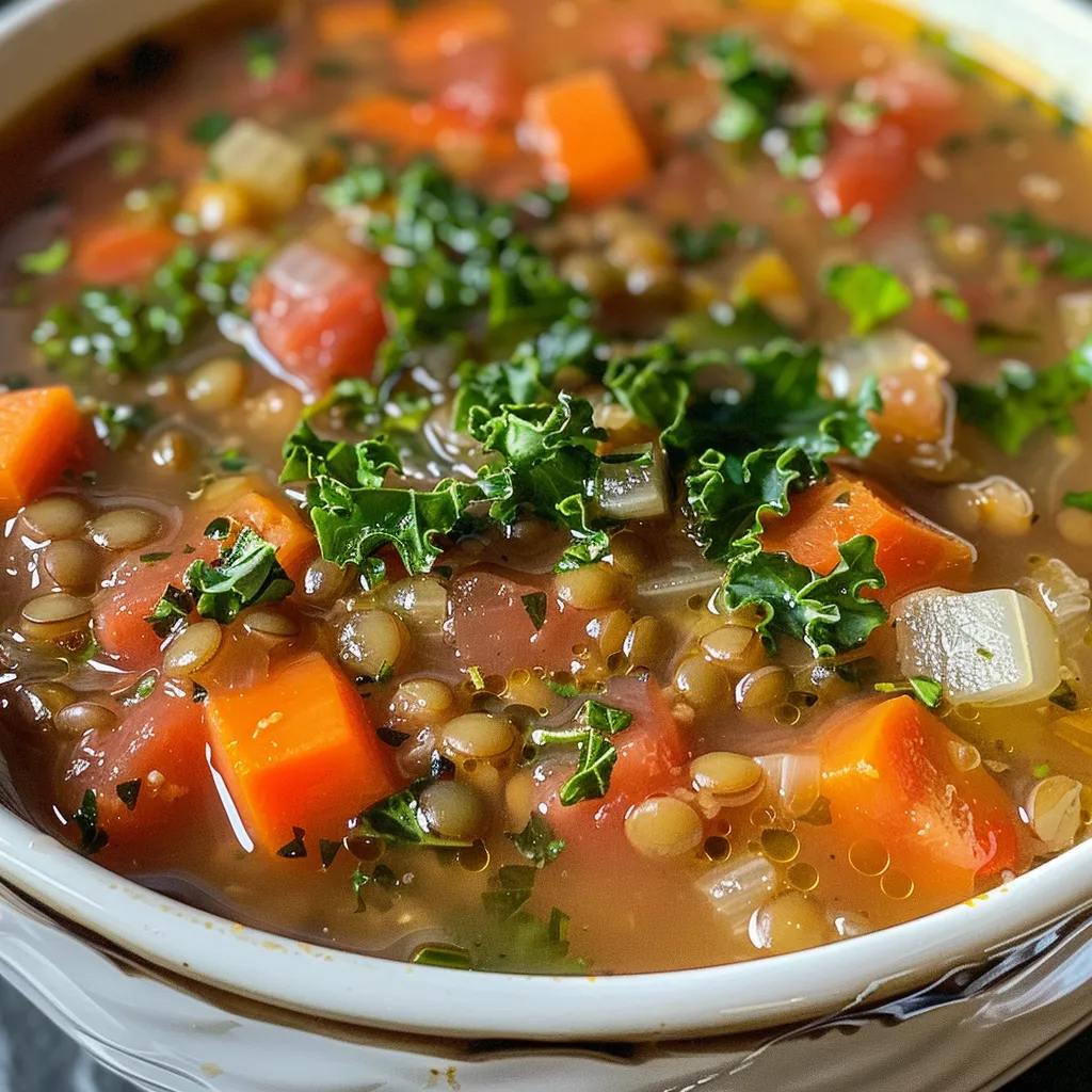Close-up view of Mediterranean Lentil Soup in a bowl, featuring vibrant colors and texture.