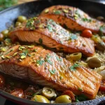 ['Side view of a colorful Mediterranean Salmon Skillet with vibrant veggies and garnishes.', 'Close-up of juicy salmon fillets cooked in a skillet with fennel and cherry tomatoes.', 'A delicious one-pan dish featuring salmon, olives, and couscous, garnished with parsley.', 'Richly plated Mediterranean Salmon Skillet showcasing fresh ingredients and vibrant colors.']