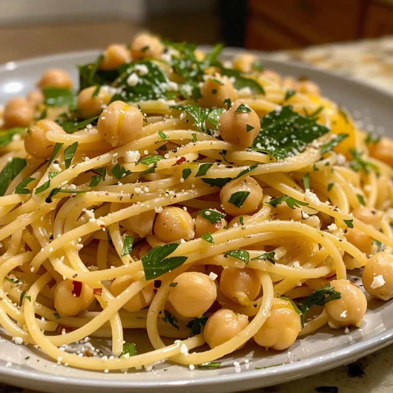['Close-up side view of lemon garlic chickpea pasta, showcasing vibrant colors and textures.', 'Juicy chickpea pasta with a drizzle of olive oil, garlic, and fresh herbs, highlighting its freshness.', 'A plate of Easy Lemon Garlic Chickpea Pasta garnished with parsley and lemon zest, ready to be served.', 'Spaghetti topped with chickpeas, baby spinach, and a sprinkle of Parmesan cheese, emphasizing its deliciousness.']