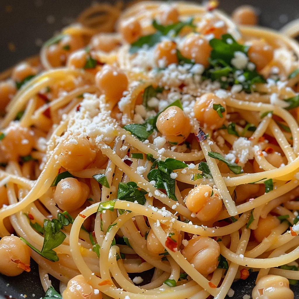 ['Close-up side view of lemon garlic chickpea pasta, showcasing vibrant colors and textures.', 'Juicy chickpea pasta with a drizzle of olive oil, garlic, and fresh herbs, highlighting its freshness.', 'A plate of Easy Lemon Garlic Chickpea Pasta garnished with parsley and lemon zest, ready to be served.', 'Spaghetti topped with chickpeas, baby spinach, and a sprinkle of Parmesan cheese, emphasizing its deliciousness.']