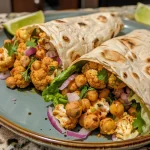 ['Close-up view of zesty chili lime chickpea cauliflower wraps filled with fresh ingredients.', 'Side angle of vibrant chickpea cauliflower wraps on a plate, showcasing colorful fillings.', 'Juicy chili lime wraps featuring chickpeas and cauliflower, garnished with cilantro.', 'Delicious wraps filled with chickpeas, cauliflower, lettuce, and red onion, ready to eat.']